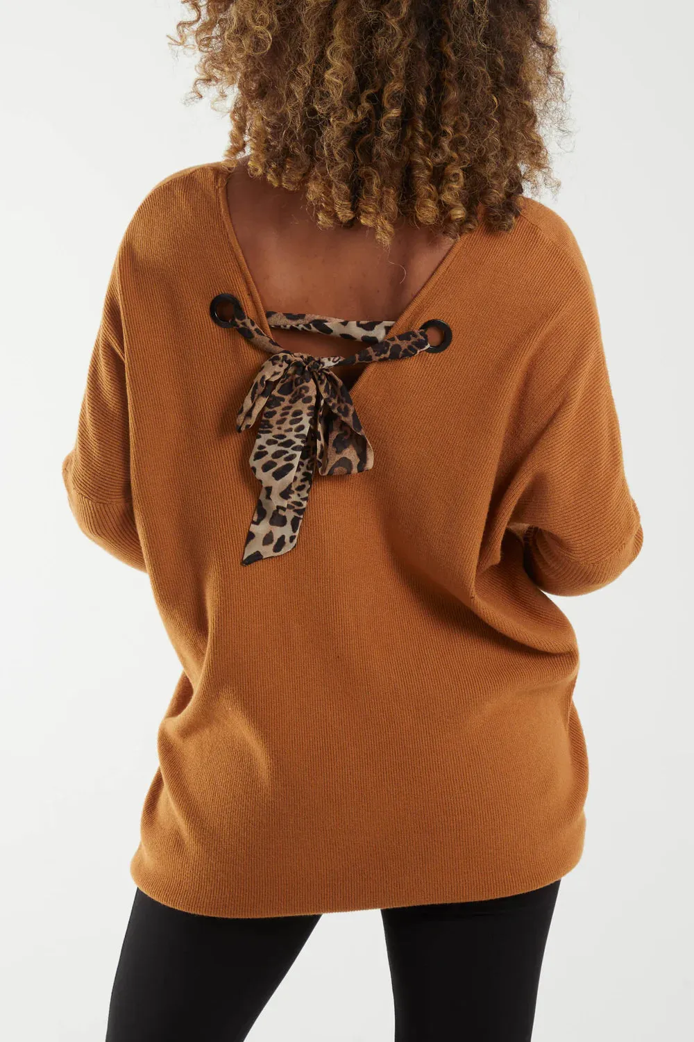 Plain V-Neck Fine Knit Long Line Jumper With A Leopard Bow Back Detail (3 Colours)