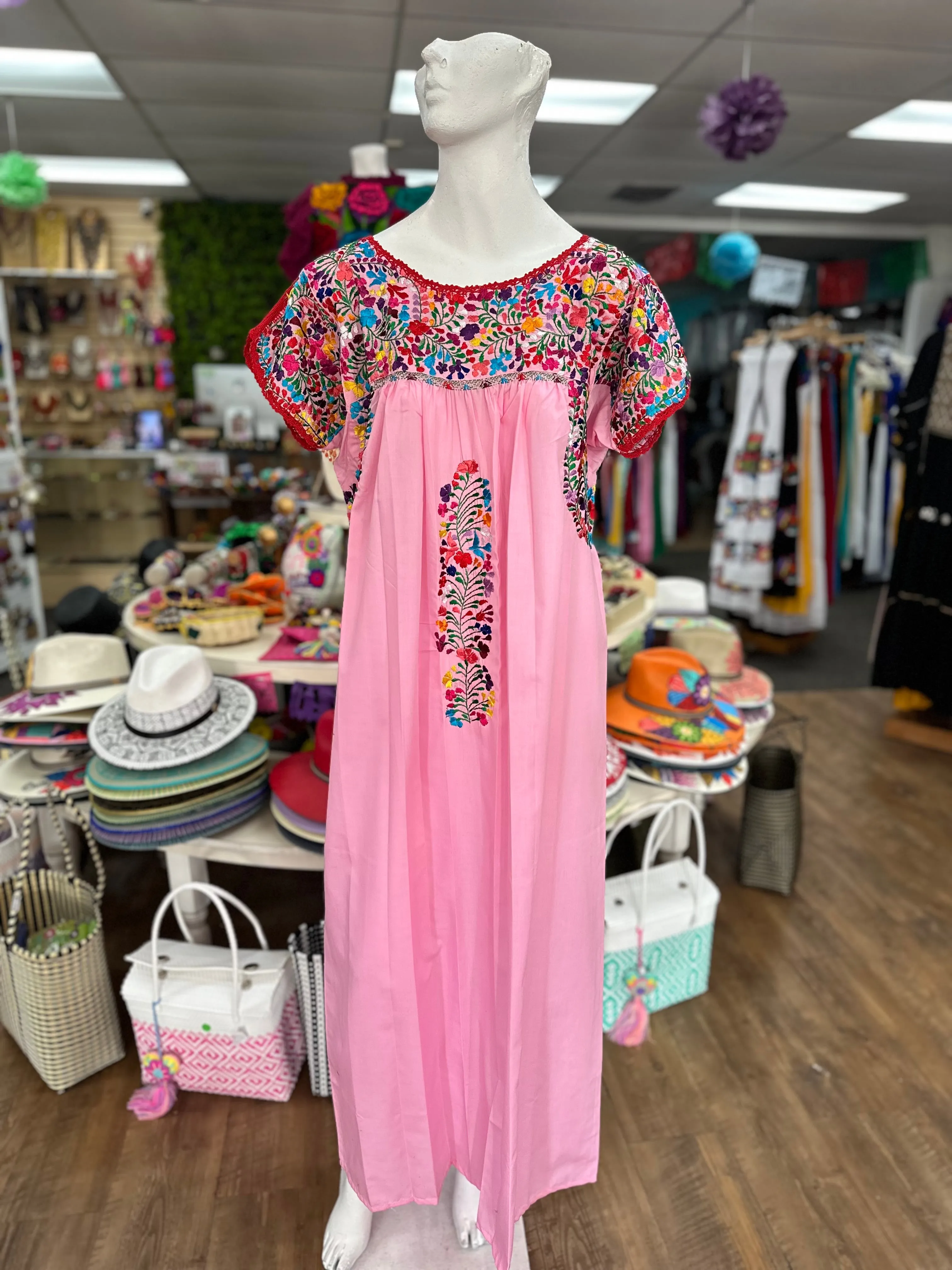 Pink San Antonino Embroidered Mexican Boho Dress - Handmade and Colorful Fiesta Wear