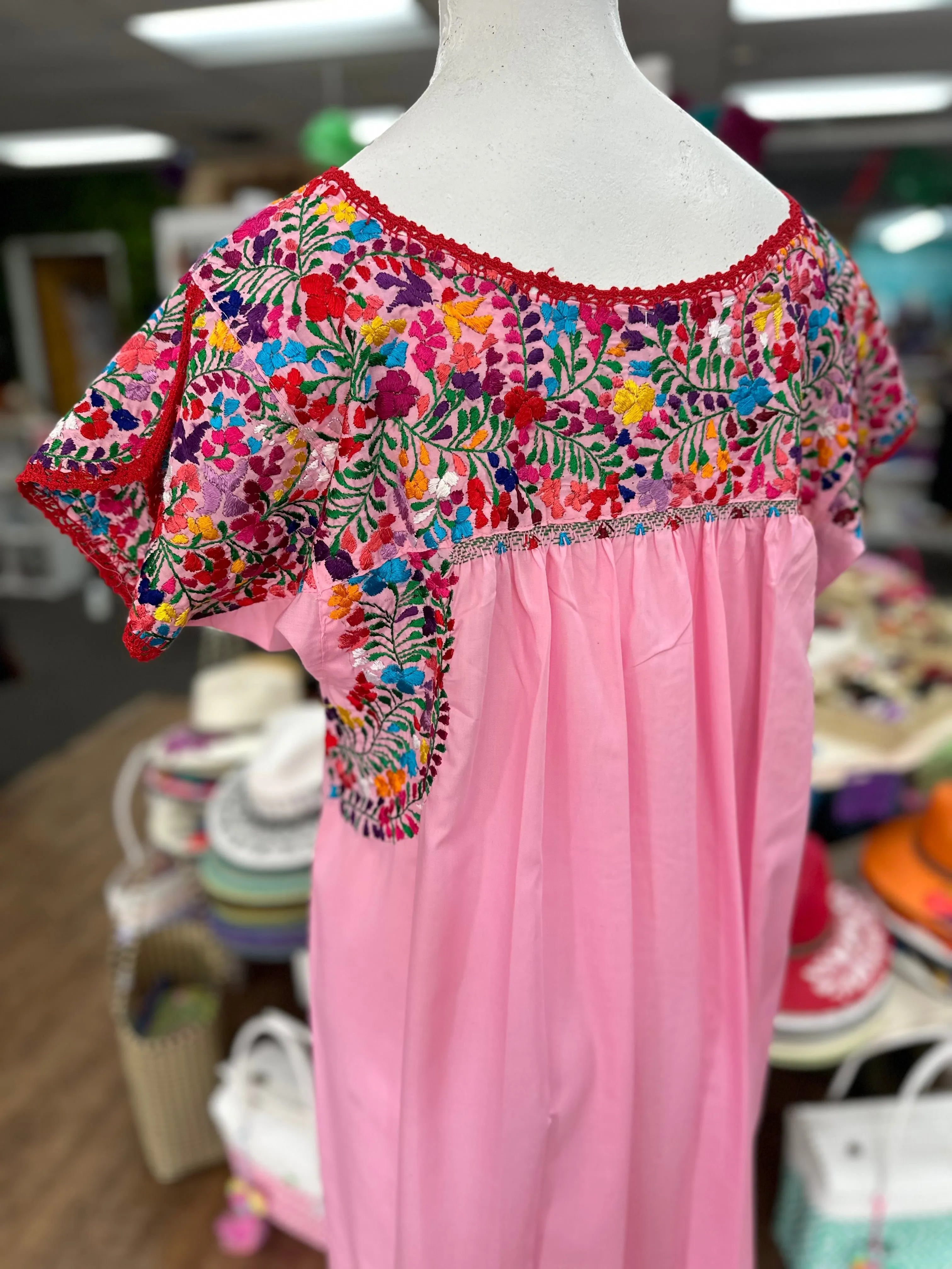 Pink San Antonino Embroidered Mexican Boho Dress - Handmade and Colorful Fiesta Wear