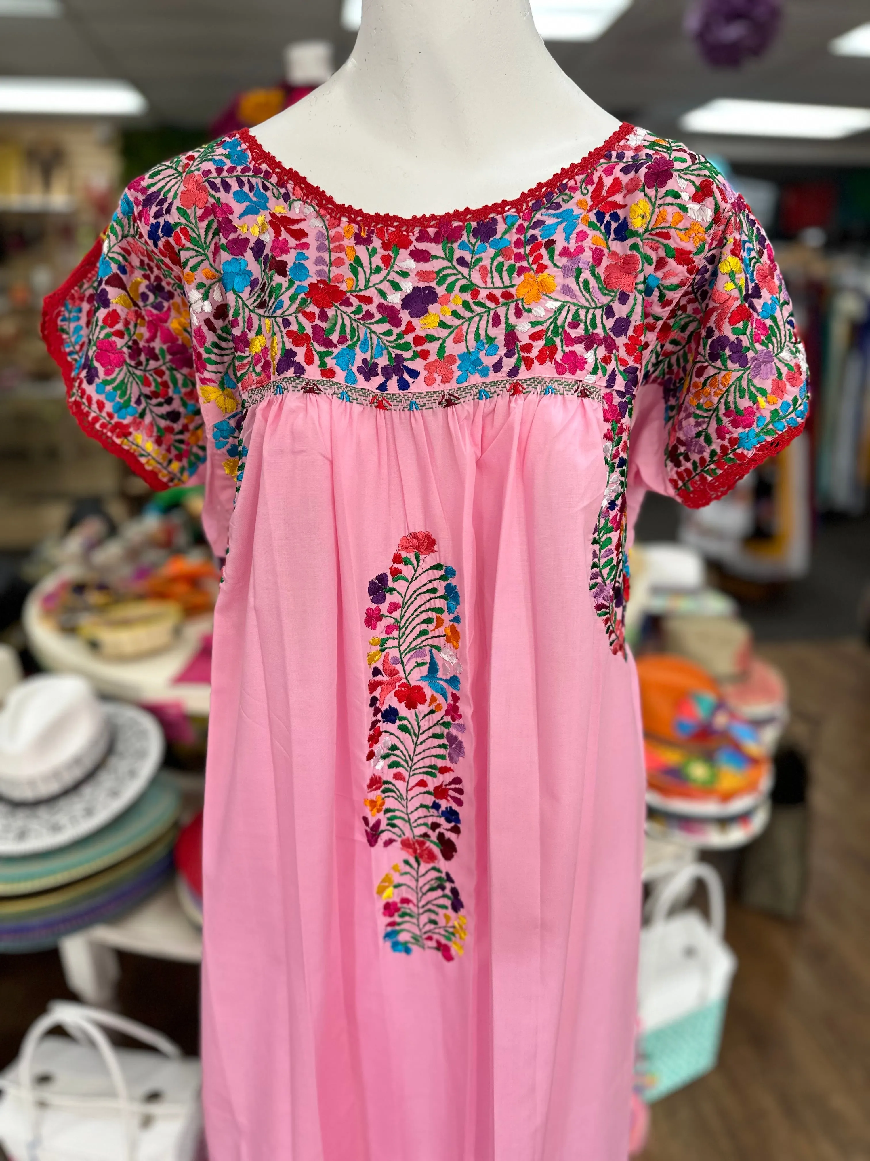 Pink San Antonino Embroidered Mexican Boho Dress - Handmade and Colorful Fiesta Wear