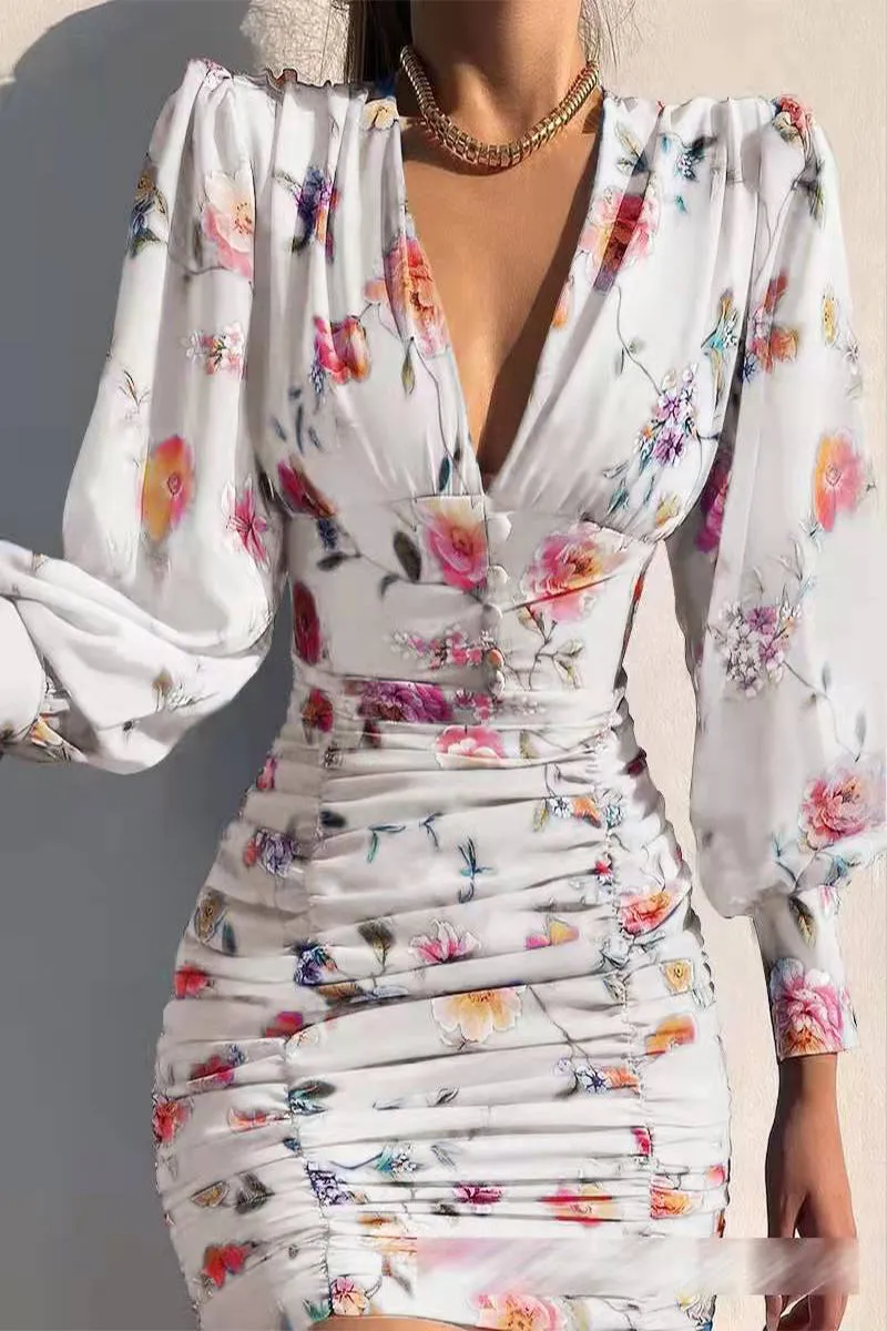 Sexy Elegant Print Patchwork V Neck Pleated Dresses