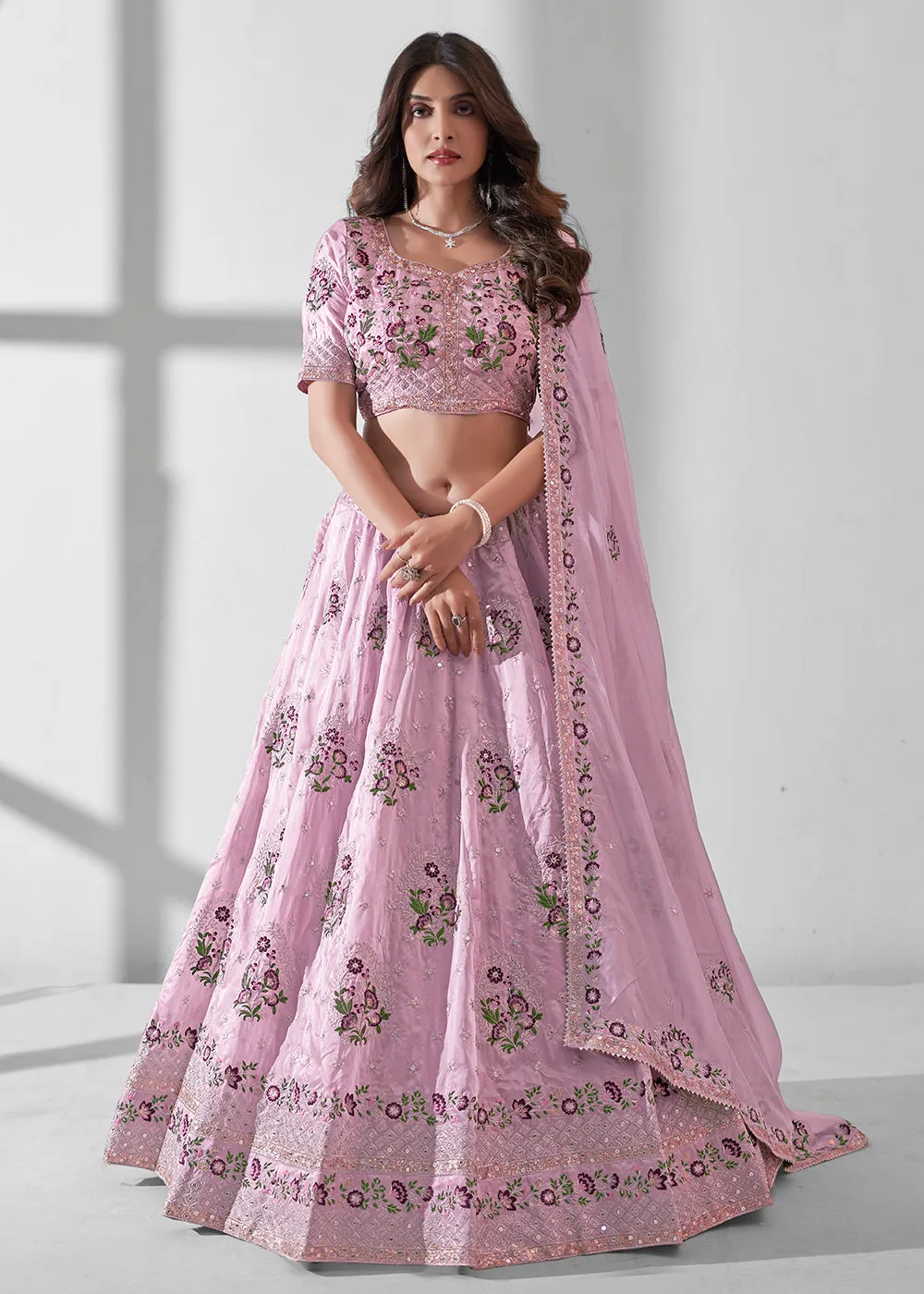 Soft Pink Multi Embroidered Wedding Festive Lehenga Choli