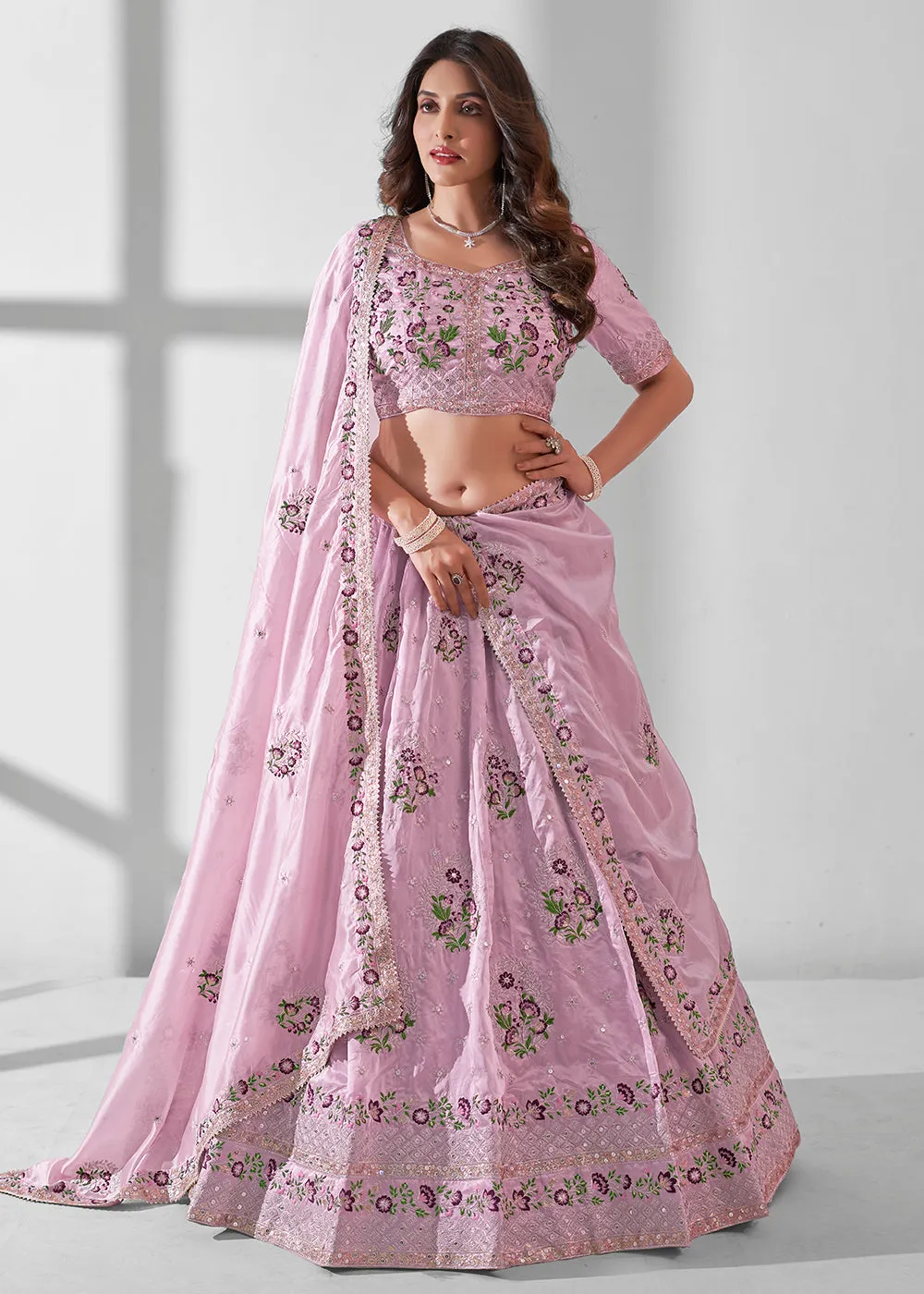 Soft Pink Multi Embroidered Wedding Festive Lehenga Choli