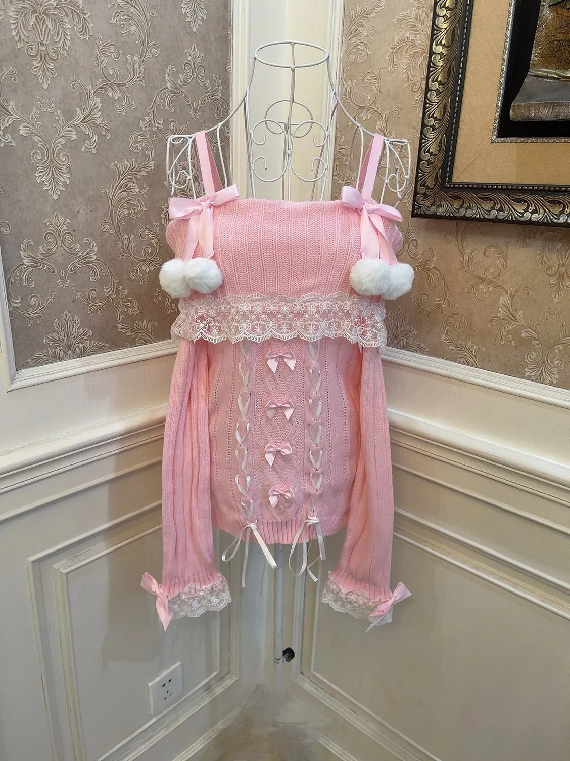 Sweetheart Princess Pompom Balls Pink Off Shoulder Sweater & White Ruffled Skirt Two Piece Set