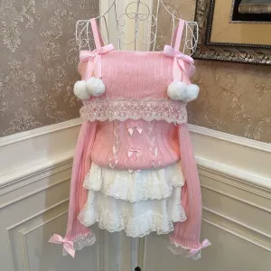 Sweetheart Princess Pompom Balls Pink Off Shoulder Sweater & White Ruffled Skirt Two Piece Set