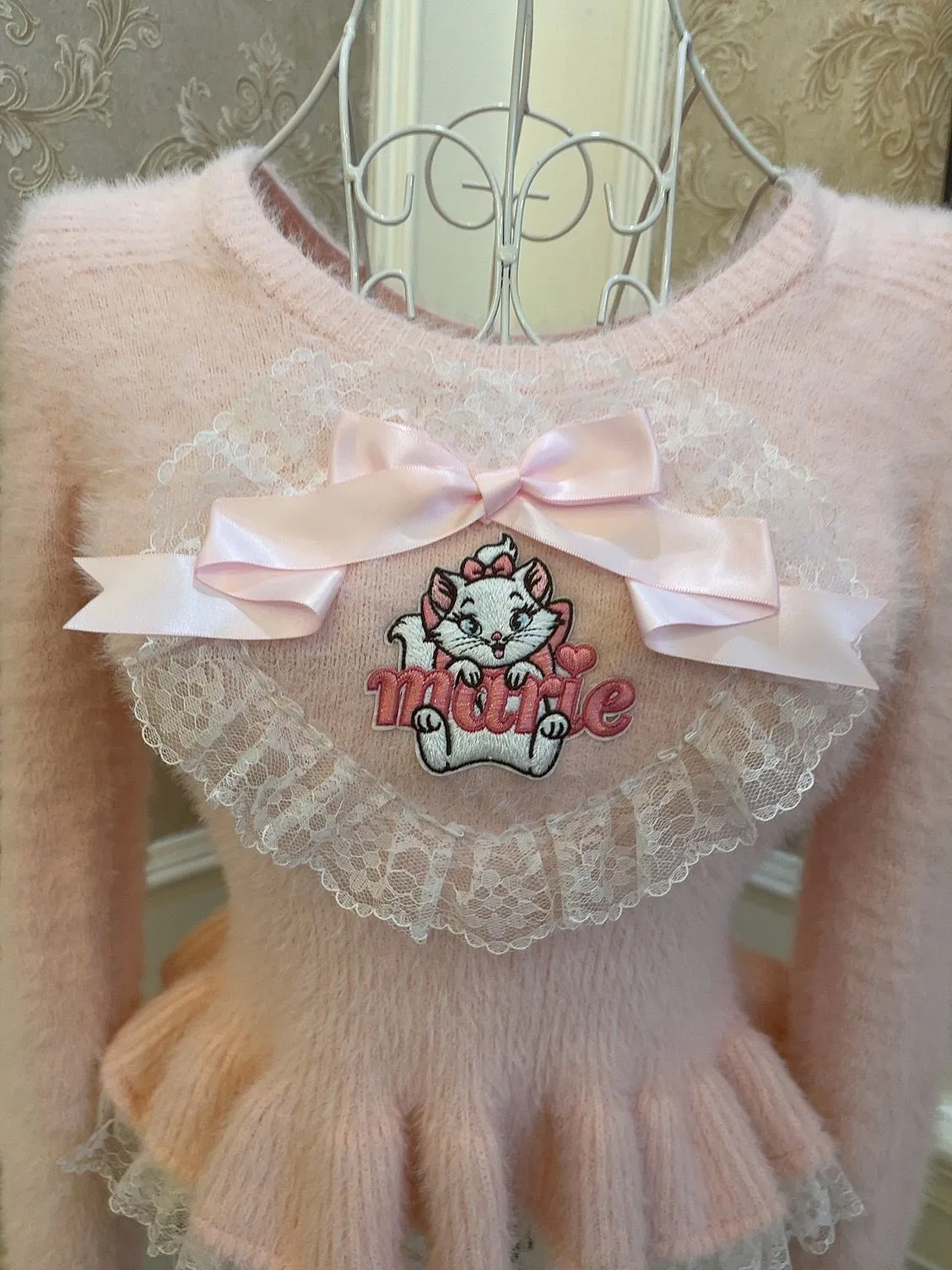 Sweetheart Princess Winter Marie Cat Pink Fuzzy Cropped Sweater & White Ruffled Skirt Two Piece Set