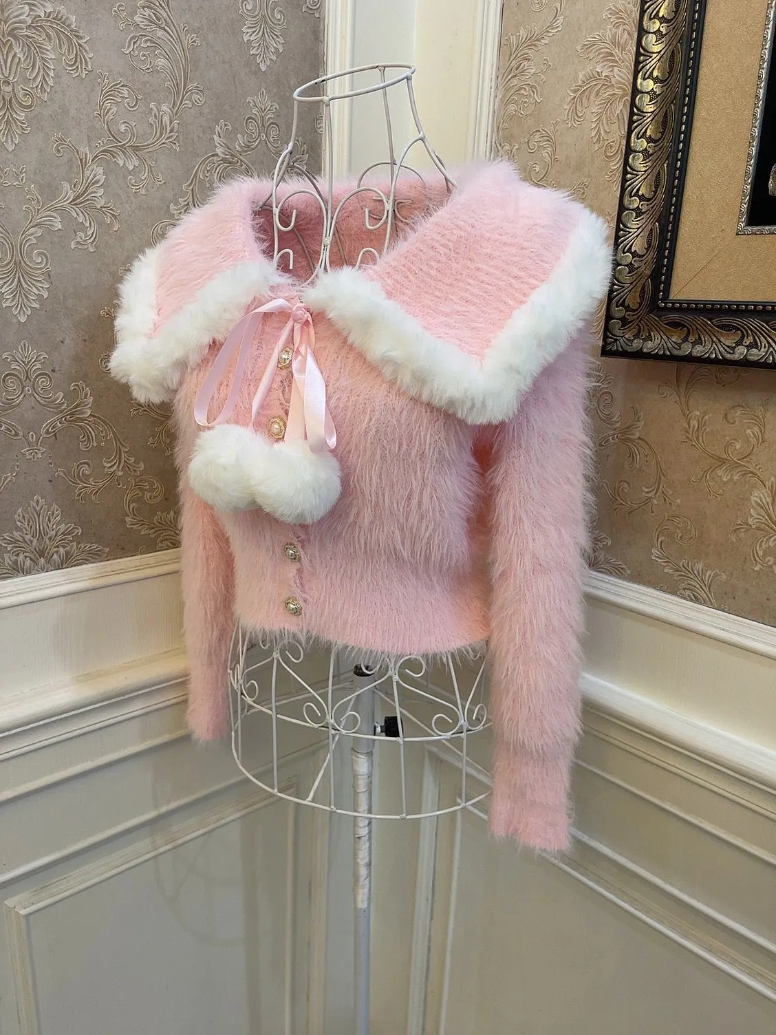 Sweetheart Princess Winter Plush Fuzzy Pink Sweater Pompom Balls & White Ruffled Skirt Two Piece Set