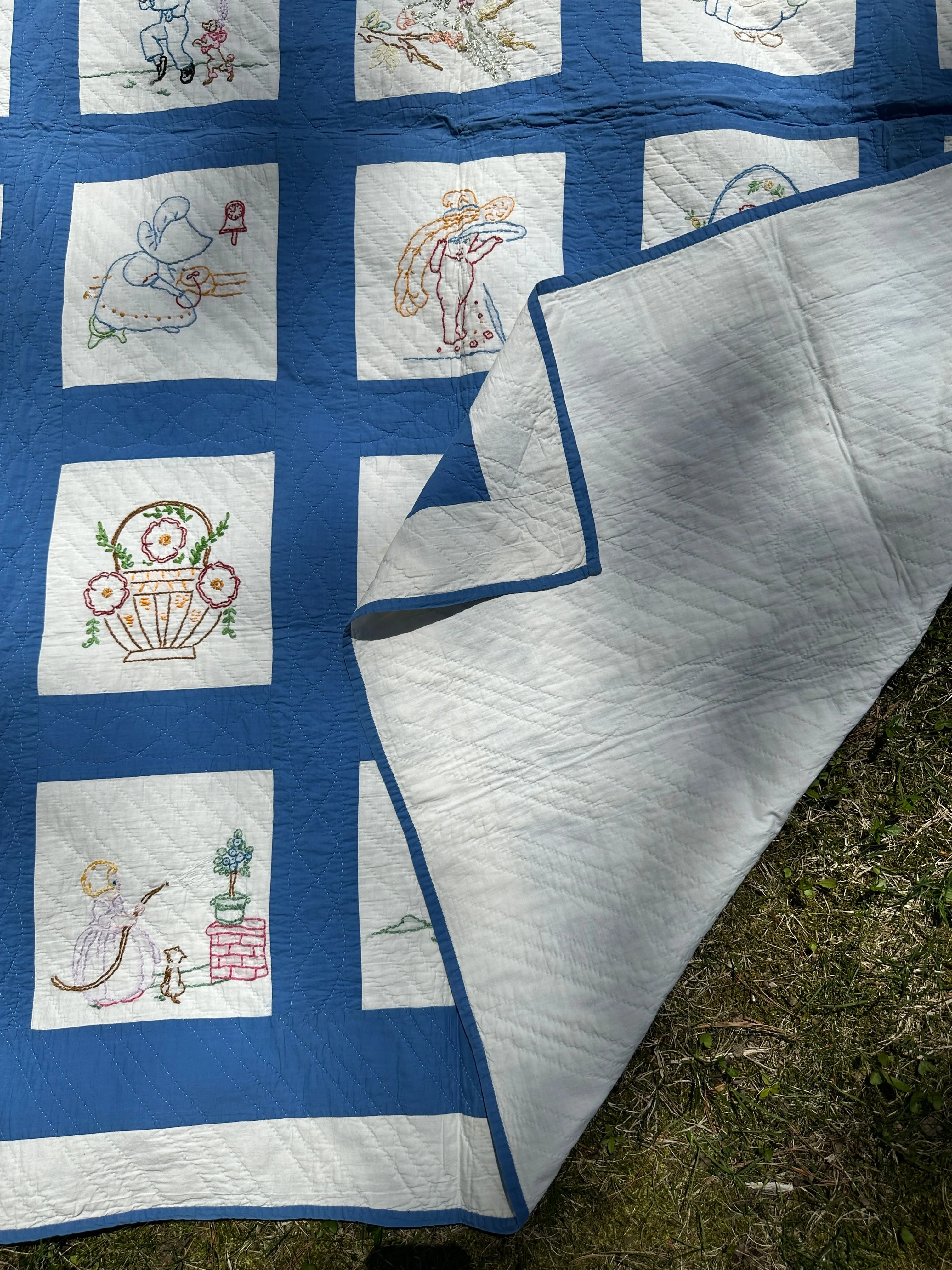 Vintage Embroidered Blue and White Quilt