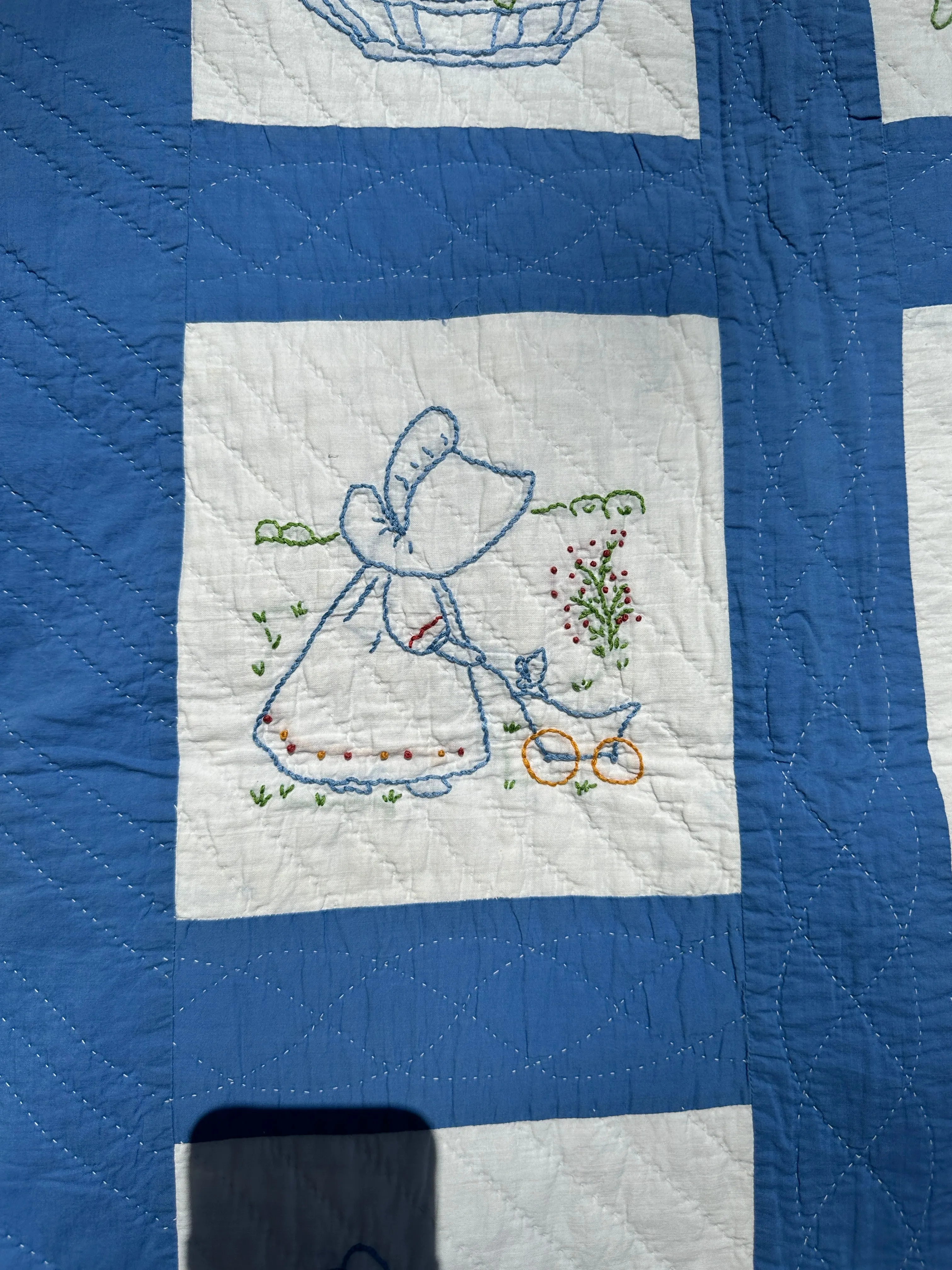 Vintage Embroidered Blue and White Quilt