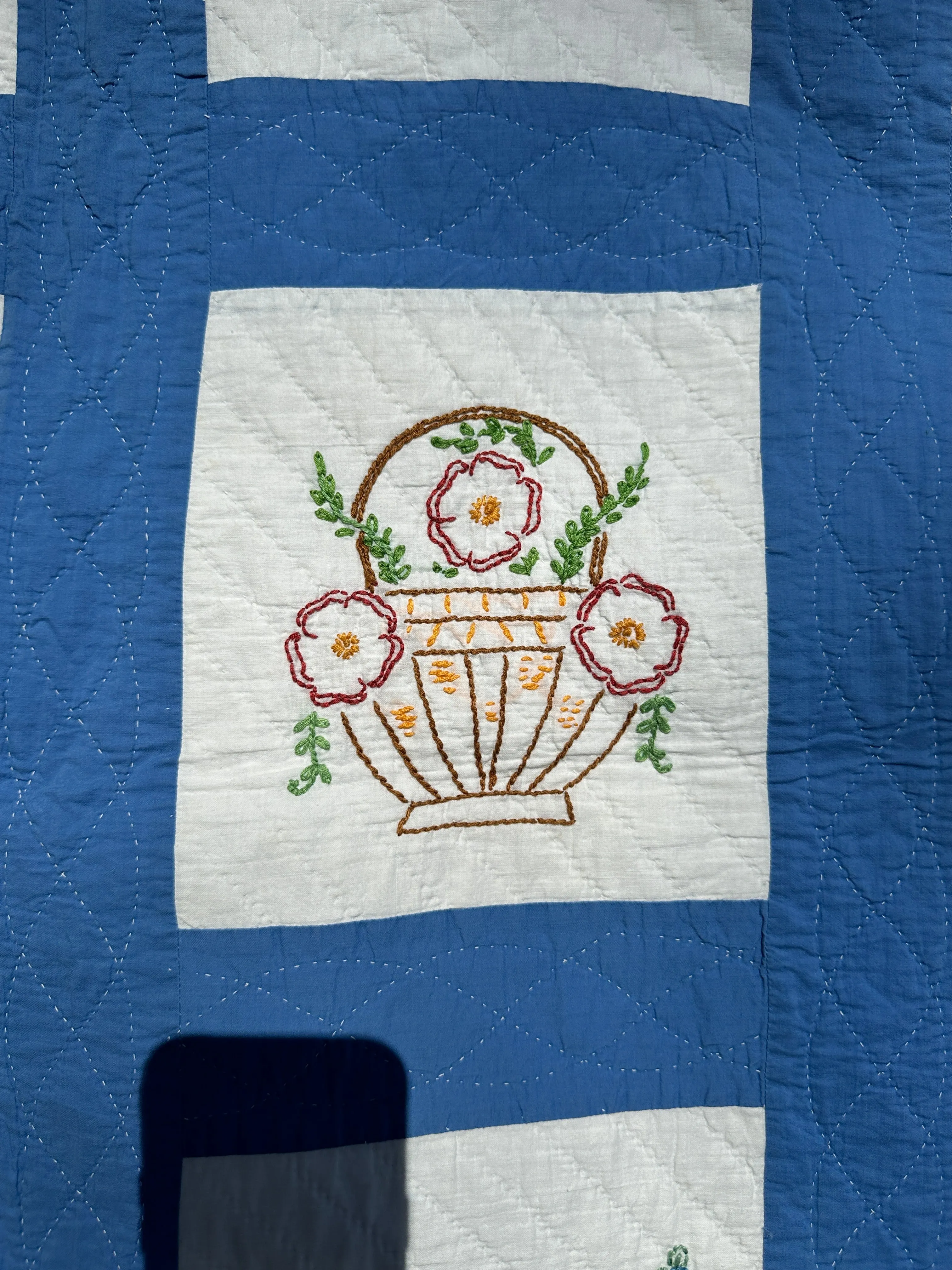 Vintage Embroidered Blue and White Quilt