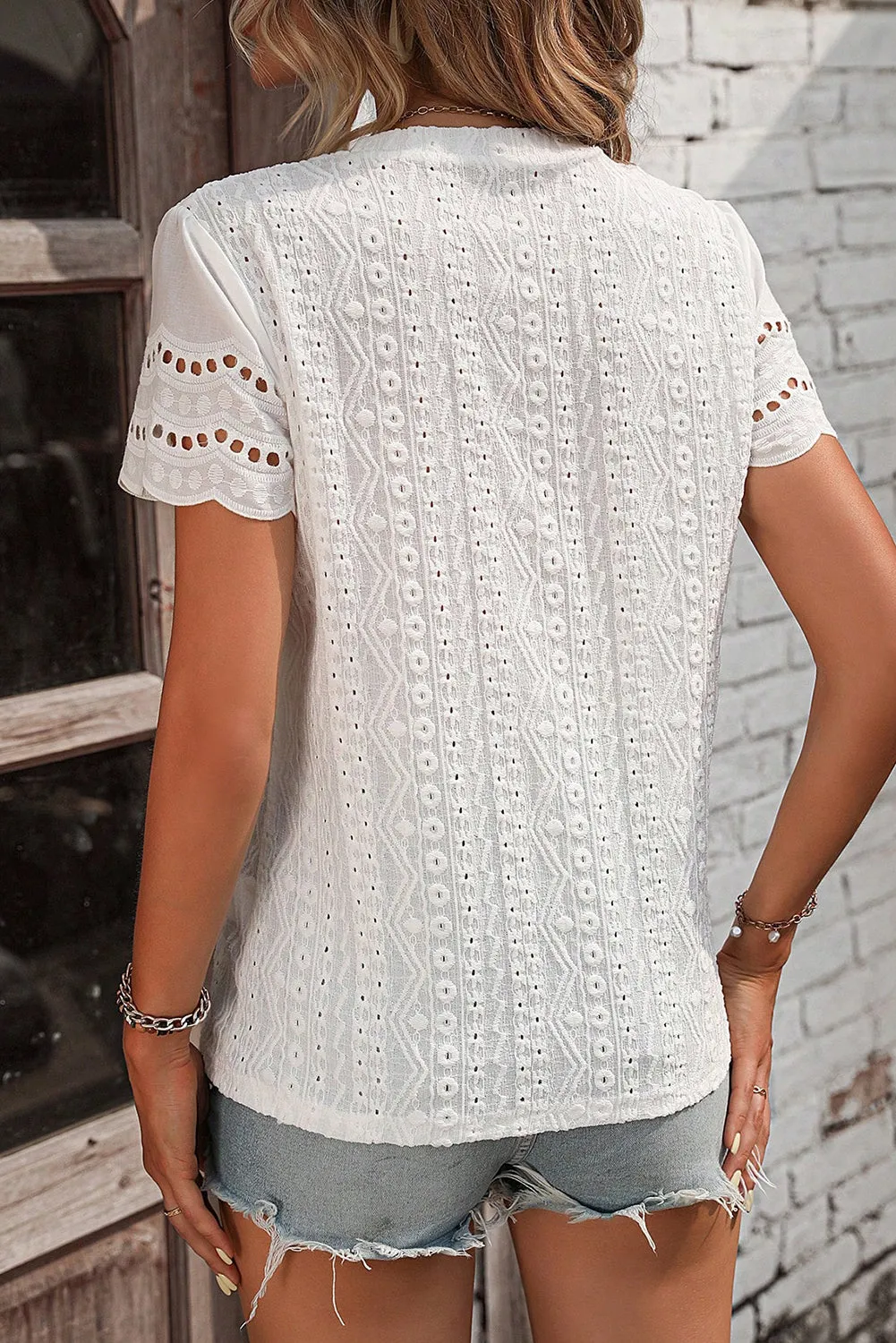 White Eyelet Embroidery Scalloped Short Sleeve Blouse