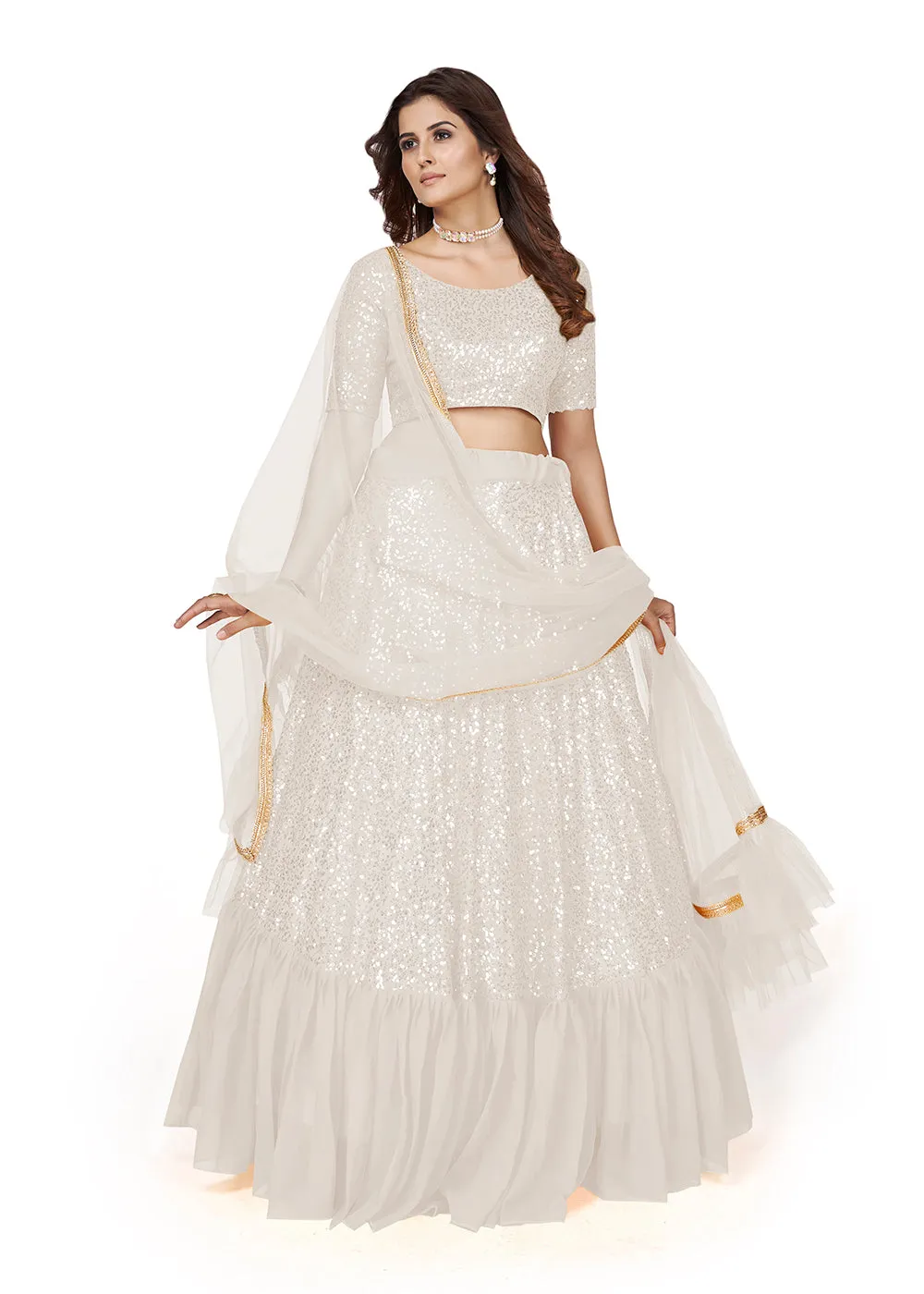 White Multi Sequins Embroidered Party Wear Lehenga Choli