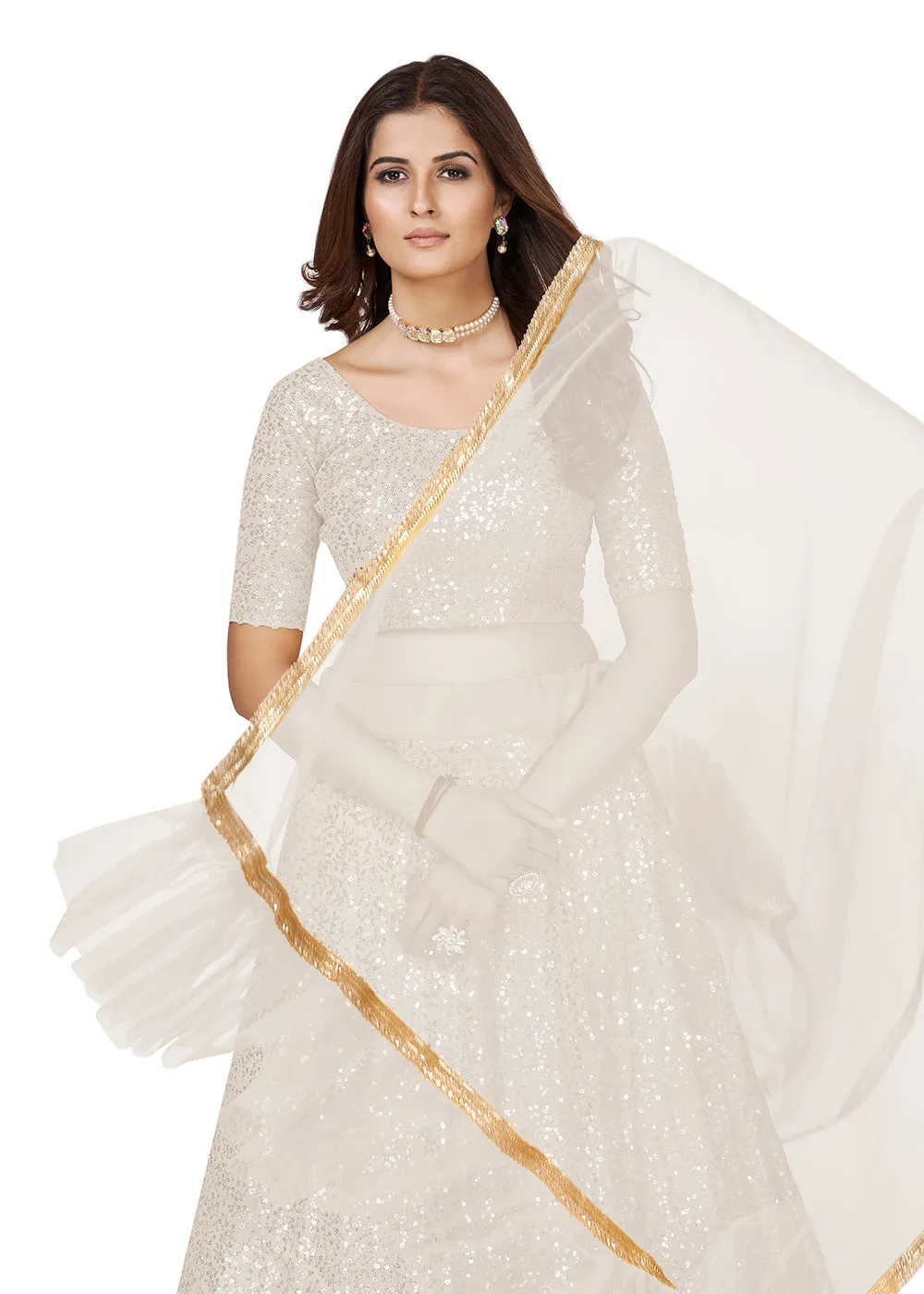 White Multi Sequins Embroidered Party Wear Lehenga Choli