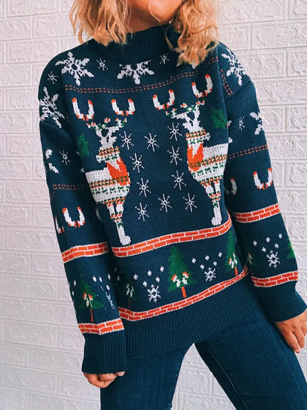 Women's Christmas Themed Elk Snowflake Christmas Tree Knit Sweater Sweater