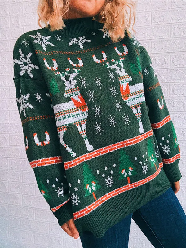 Women's Christmas Themed Elk Snowflake Christmas Tree Knit Sweater Sweater