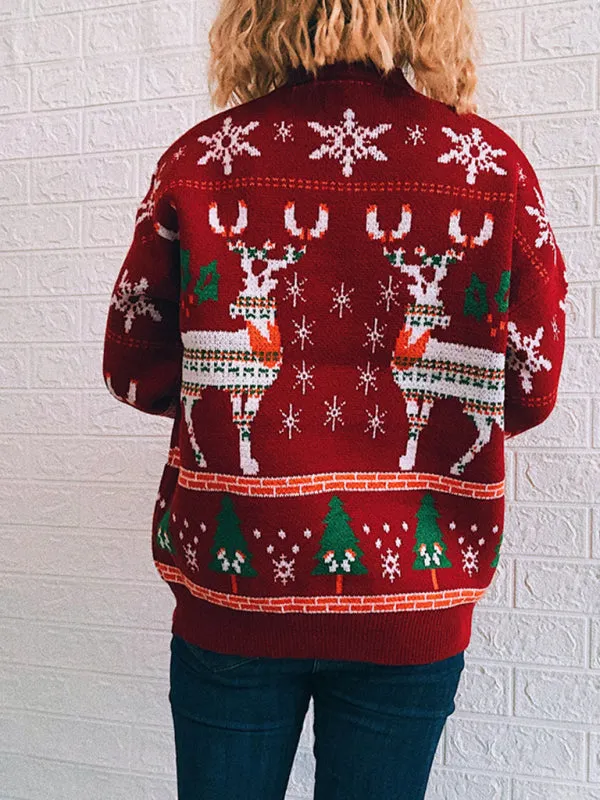 Women's Christmas Themed Elk Snowflake Christmas Tree Knit Sweater Sweater