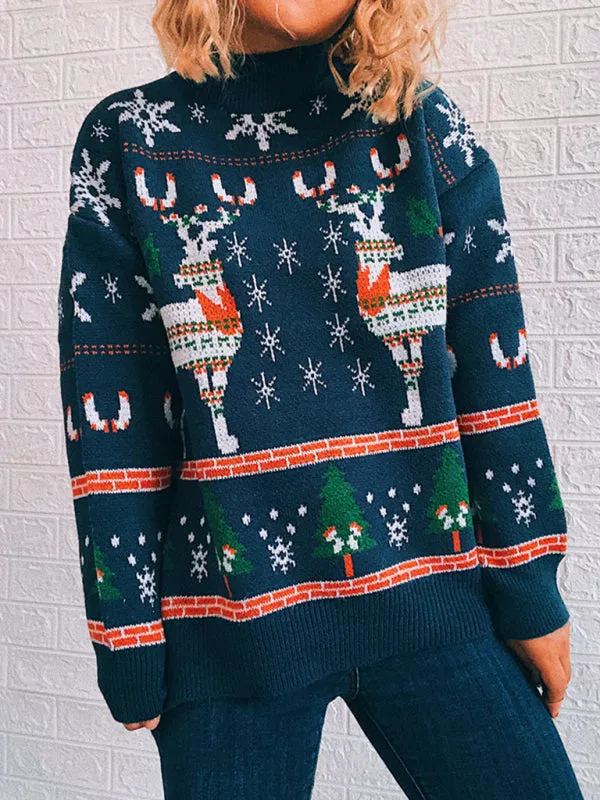 Women's Christmas Themed Elk Snowflake Christmas Tree Knit Sweater Sweater