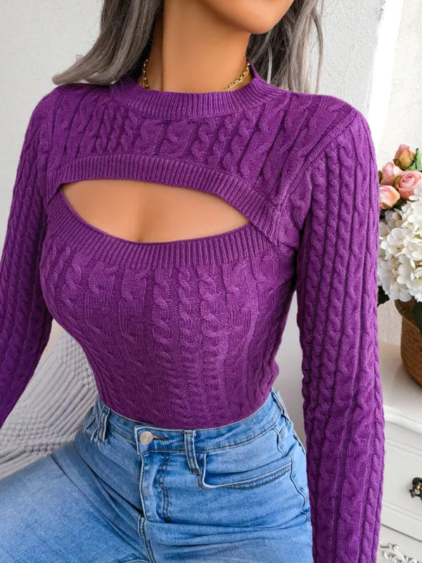 Women's Crew Neck Cutout Twist Long Sleeve Sweater