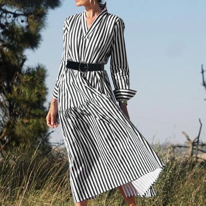 Women's Long-sleeved V-neck Midi Striped Dress