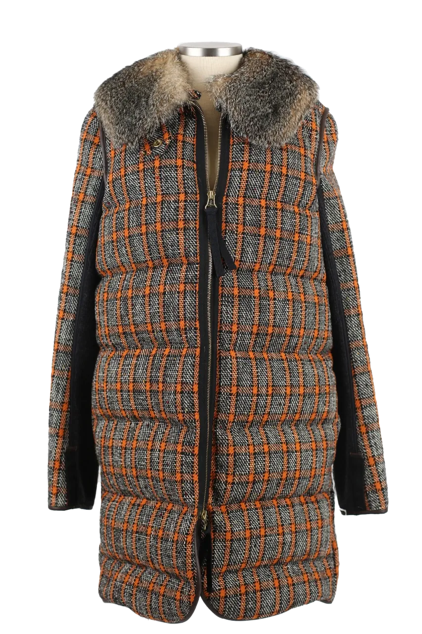 Wool Tweed Down Coat W/ Fur Collar