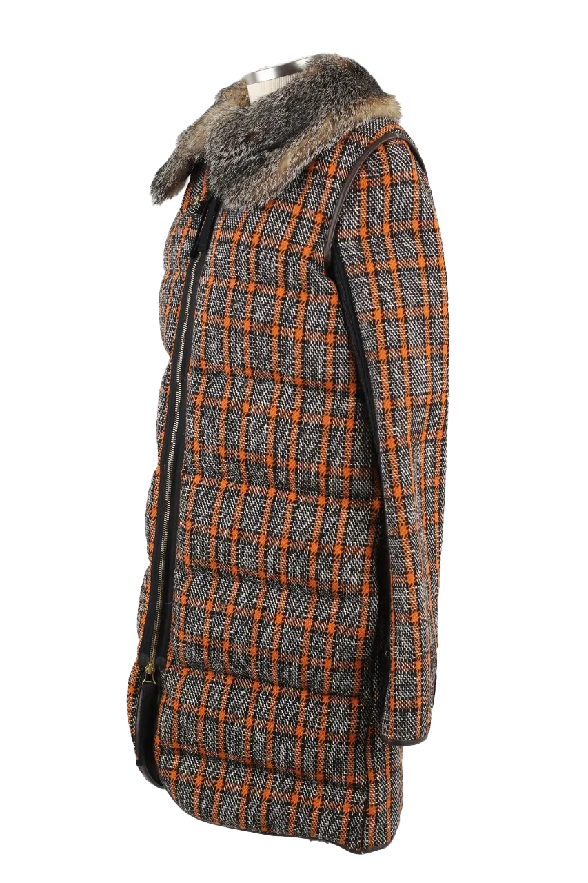 Wool Tweed Down Coat W/ Fur Collar