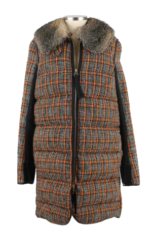 Wool Tweed Down Coat W/ Fur Collar